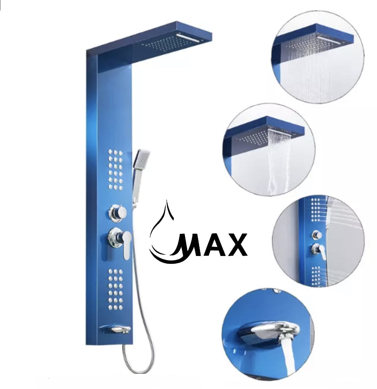 MAX Faucets | Rainfall Shower Panel System with 2 Massage Jets, Handheld, and Spout – Blue Finish BM-SP111-BL