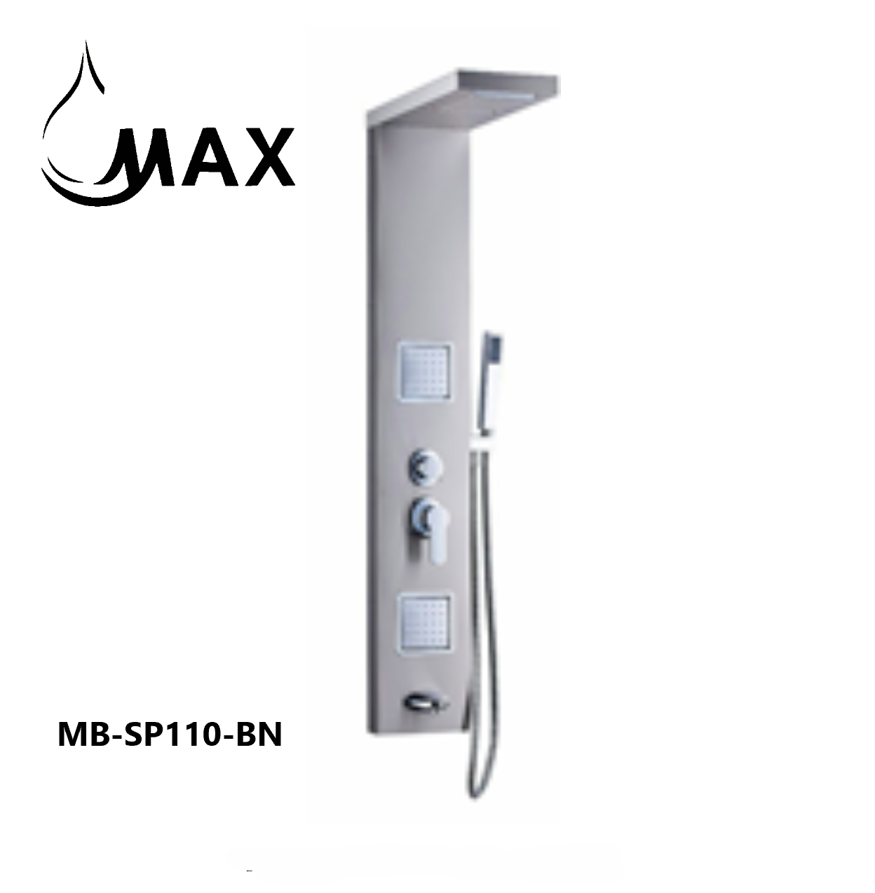 MAX Faucets | Rainfall Shower Panel System with 2 Massage Jets, Handheld, and Spout – Brushed Nickel Finish BM-SP110-BN
