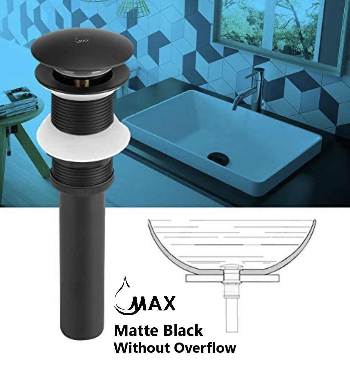 MAX Faucets | Solid Brass Pop-Up Bathroom Sink Drain Without Overflow – Matte Black Finish WO-150021-MB