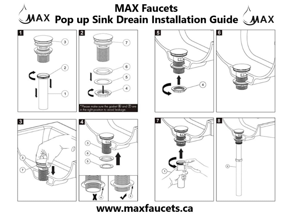 MAX Faucets | Solid Brass Pop-Up Bathroom Sink Drain Without Overflow – Matte Black Finish WO-150021-MB Installation Guide 