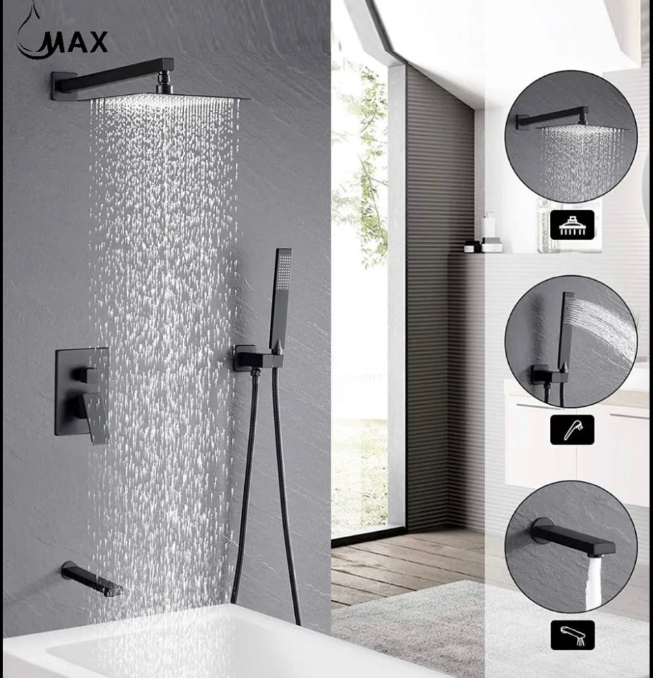 Tub Shower System Three Functions With Pressure-Balance Valve Matte Black Finish Square Design YM-MW6335-MB