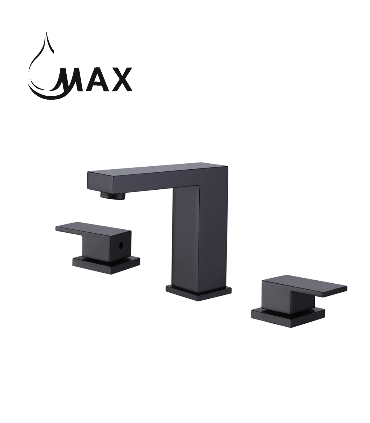 Black faucet set on a marble sink with 'MAX' branding in the corner.