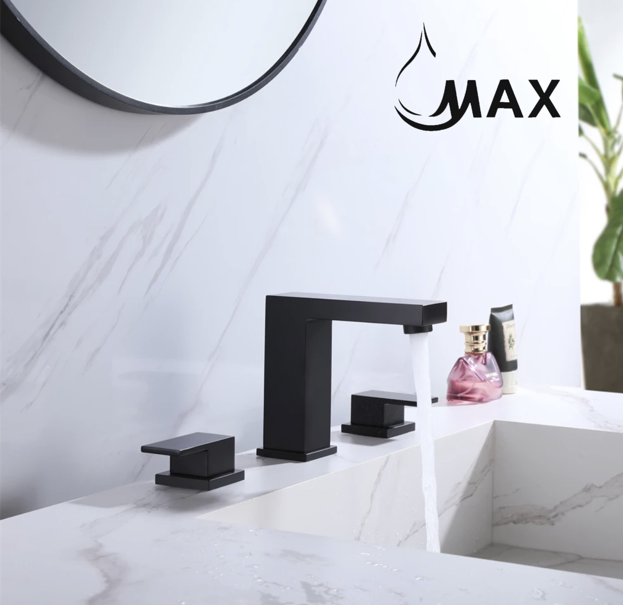 Black faucet set on a marble sink with 'MAX' branding in the corner.