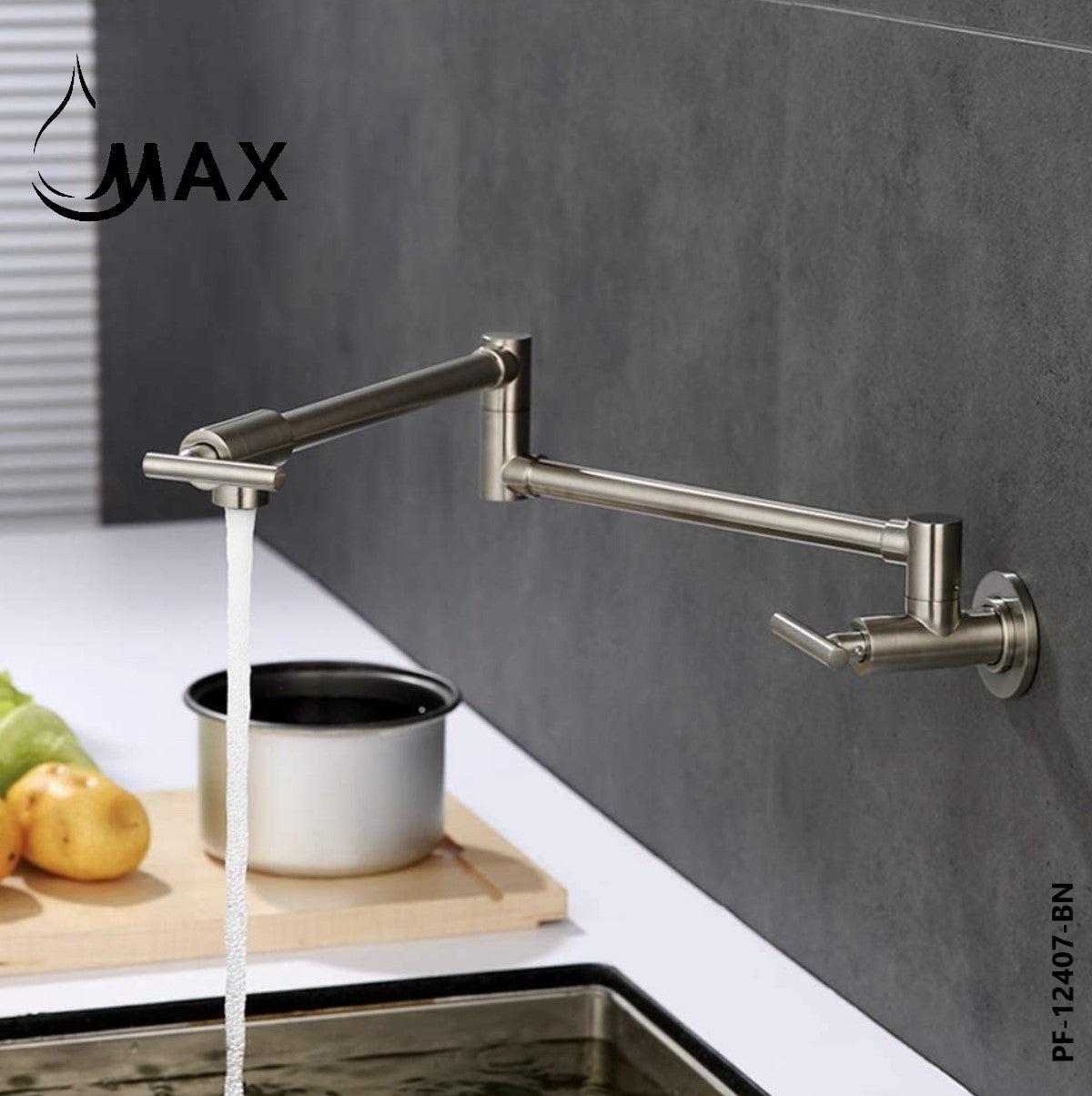 Wall Mounted Pot Filler Faucet Double Handle Commercial 26" With Accessories Brushed Nickel Finish
SKU: PF-12407-BN