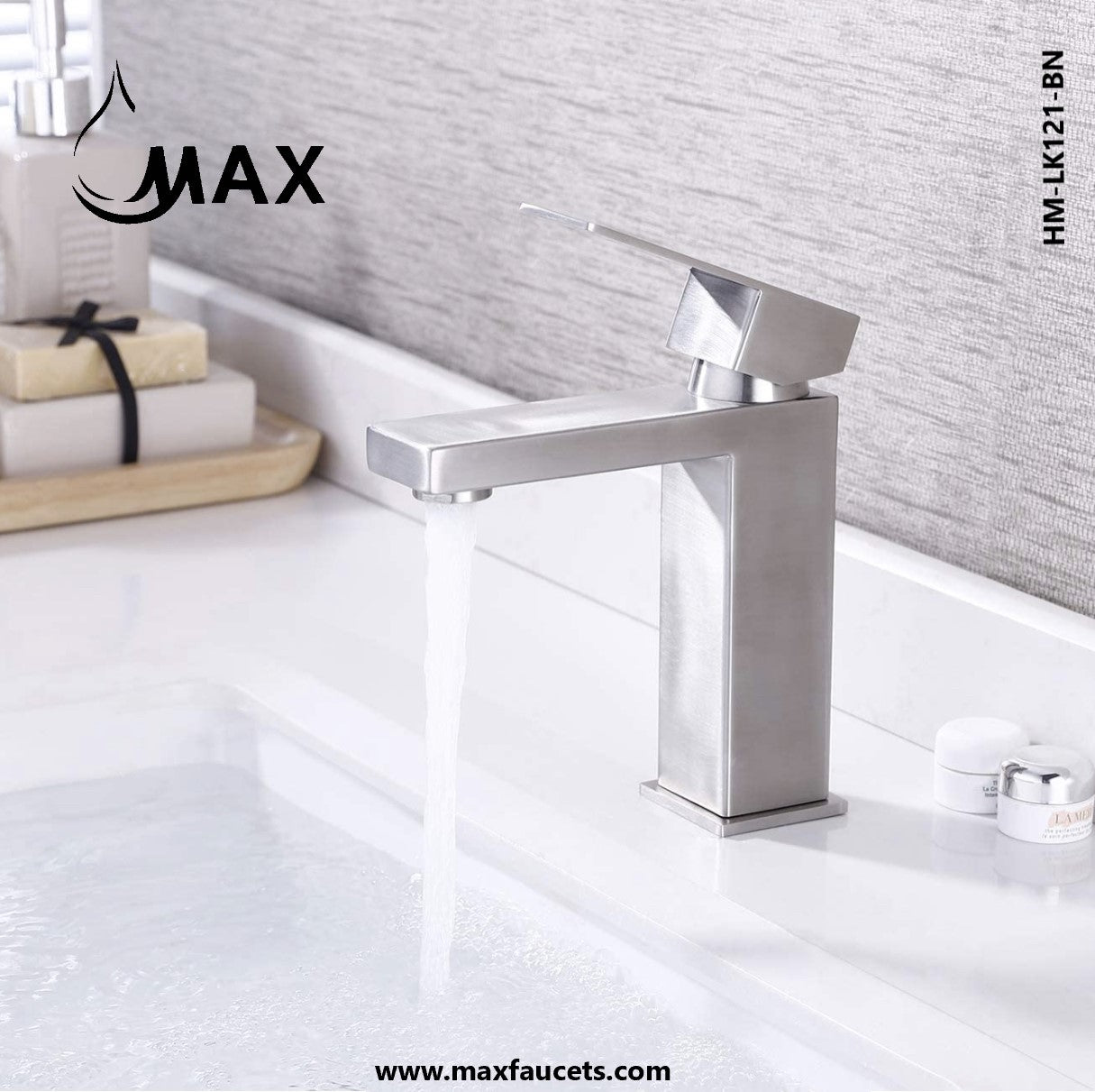 MAX Faucets single hole bathroom faucet in brushed nickel finish featuring square spout
