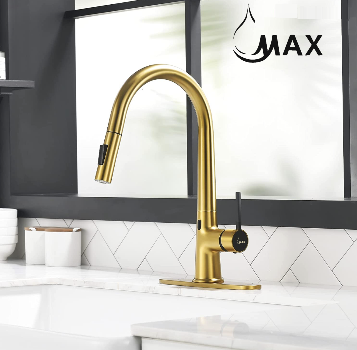 Touchless Kitchen Faucet – Smart Single Handle Pull-Out, 16” High Arc Spout, Brushed Gold & Matte Black Finish