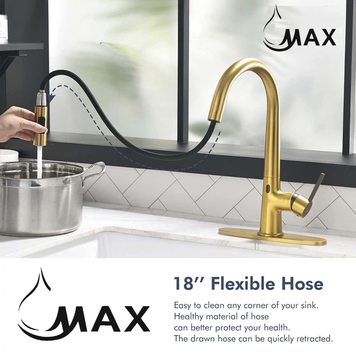 Touchless Kitchen Faucet – Smart Single Handle Pull-Out, 16” High Arc Spout, Brushed Gold & Matte Black Finish