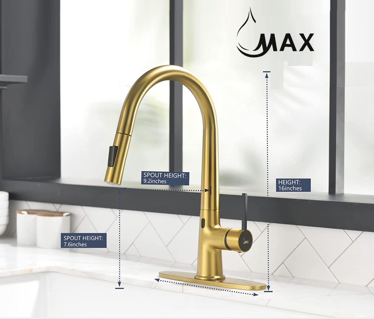 Touchless Kitchen Faucet – Smart Single Handle Pull-Out, 16” High Arc Spout, Brushed Gold & Matte Black Finish