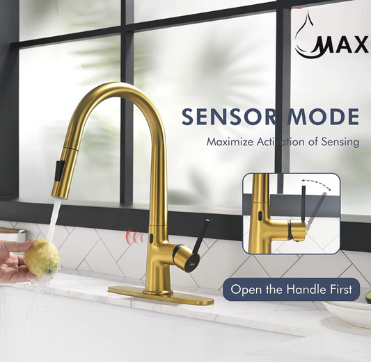Smart Touch-Less Kitchen Faucet Single Handle Pull-Out 16 Inches Brushed Gold, Matte Black Finish