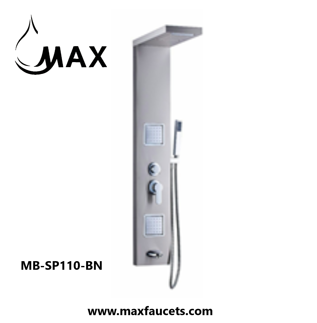 MAX Faucets | Rainfall Shower Panel System with 2 Massage Jets, Handheld, and Spout – Brushed Nickel Finish