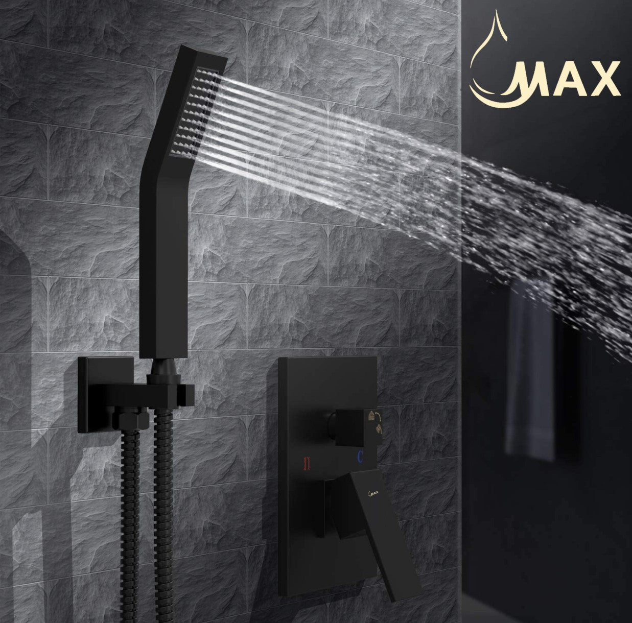 Ceiling Square Shower System Two Functions With Valve Matte Black