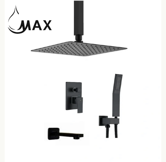 Ceiling Tub Shower System Three Functions With Pressure-Balance Valve Matte Black