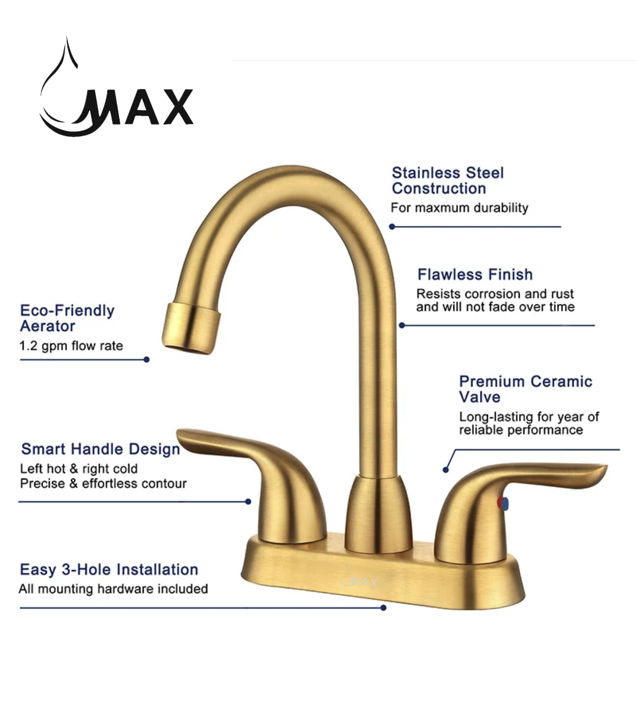 Bathroom Faucet Two Handle Commercial Widespread Brushed Gold