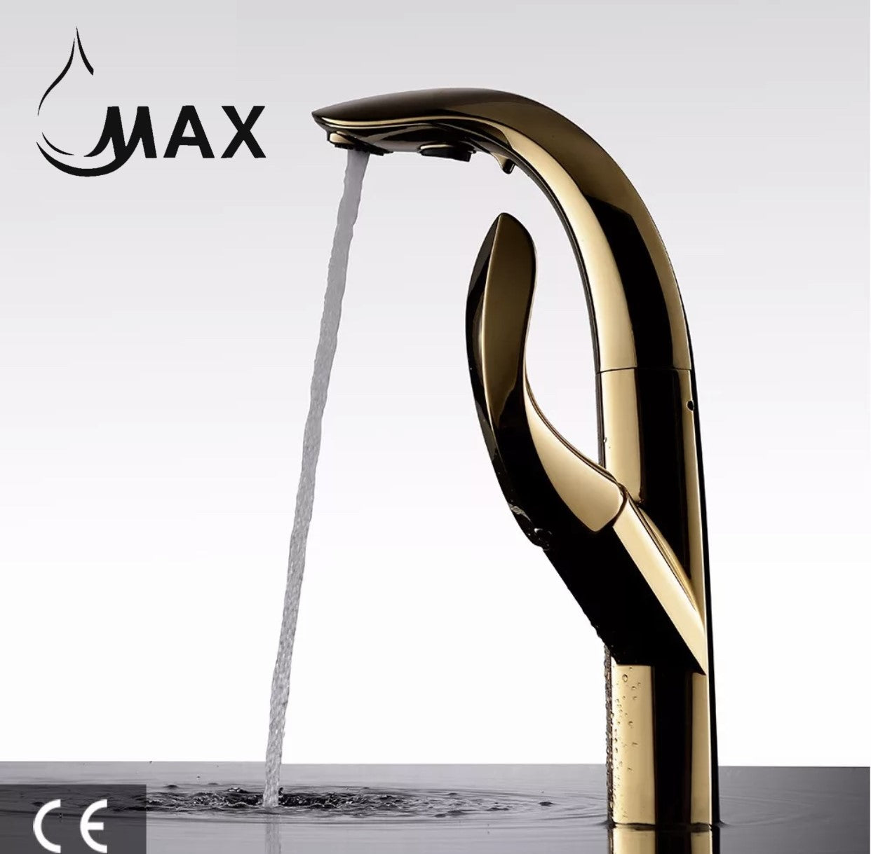 Pull-Out Kitchen Faucet High-Arc Single Handle 14.5" Shiny Gold Finish