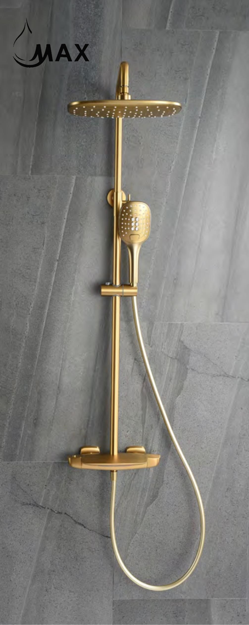 Thermostatic Shower System Waterfall Tub Rain Three Functions Brushed Gold Finish