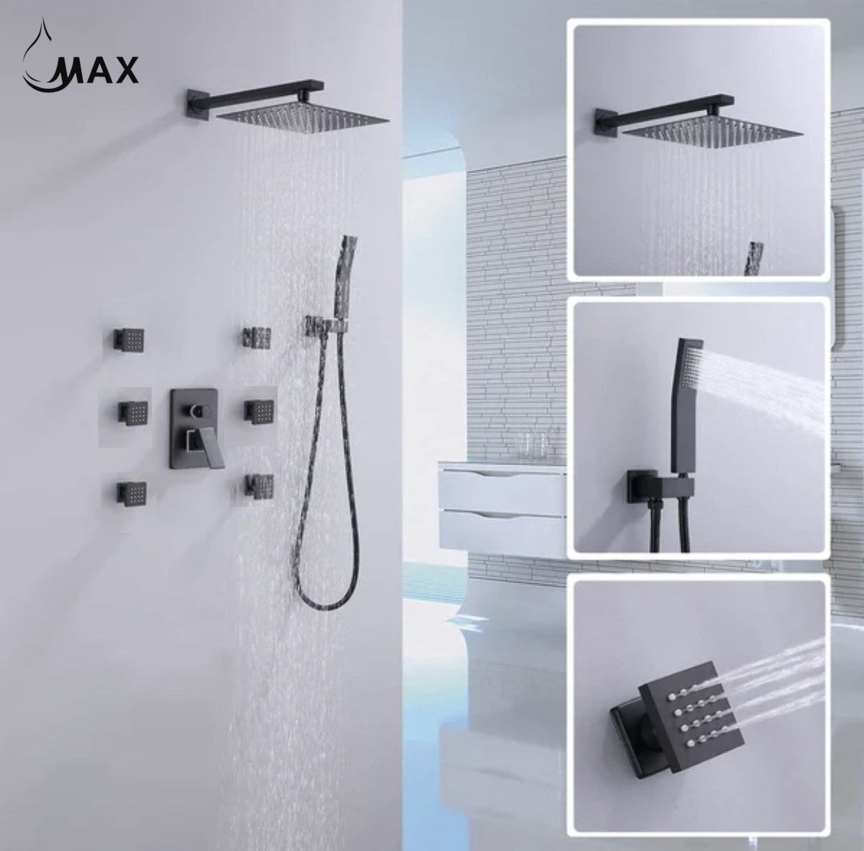 Matte black shower system with rainfall shower head installed in contemporary stone bathroom