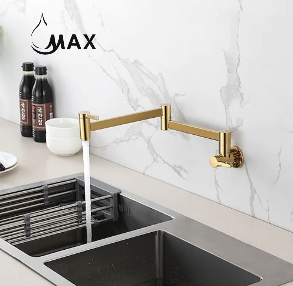 Pot Filler Faucet Double Handle Classic Wall Mounted 20" With Accessories Shiny Gold Finish