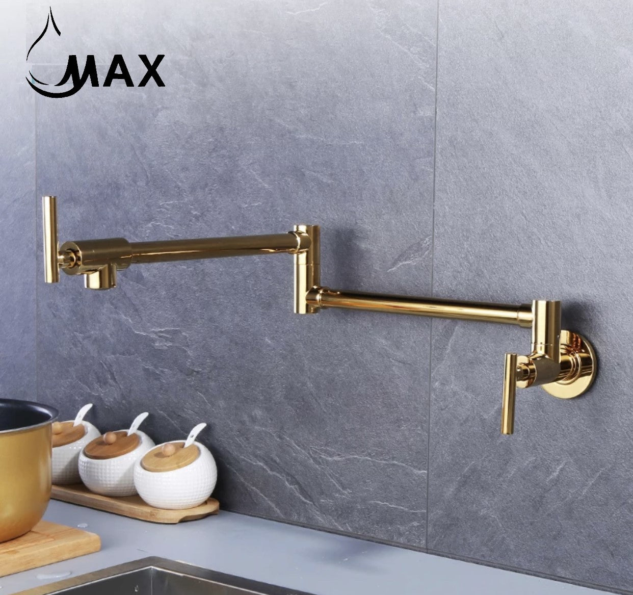 Pot Filler Faucet Double Handle Commercial Wall Mounted 26" With Accessories Shiny Gold Finish