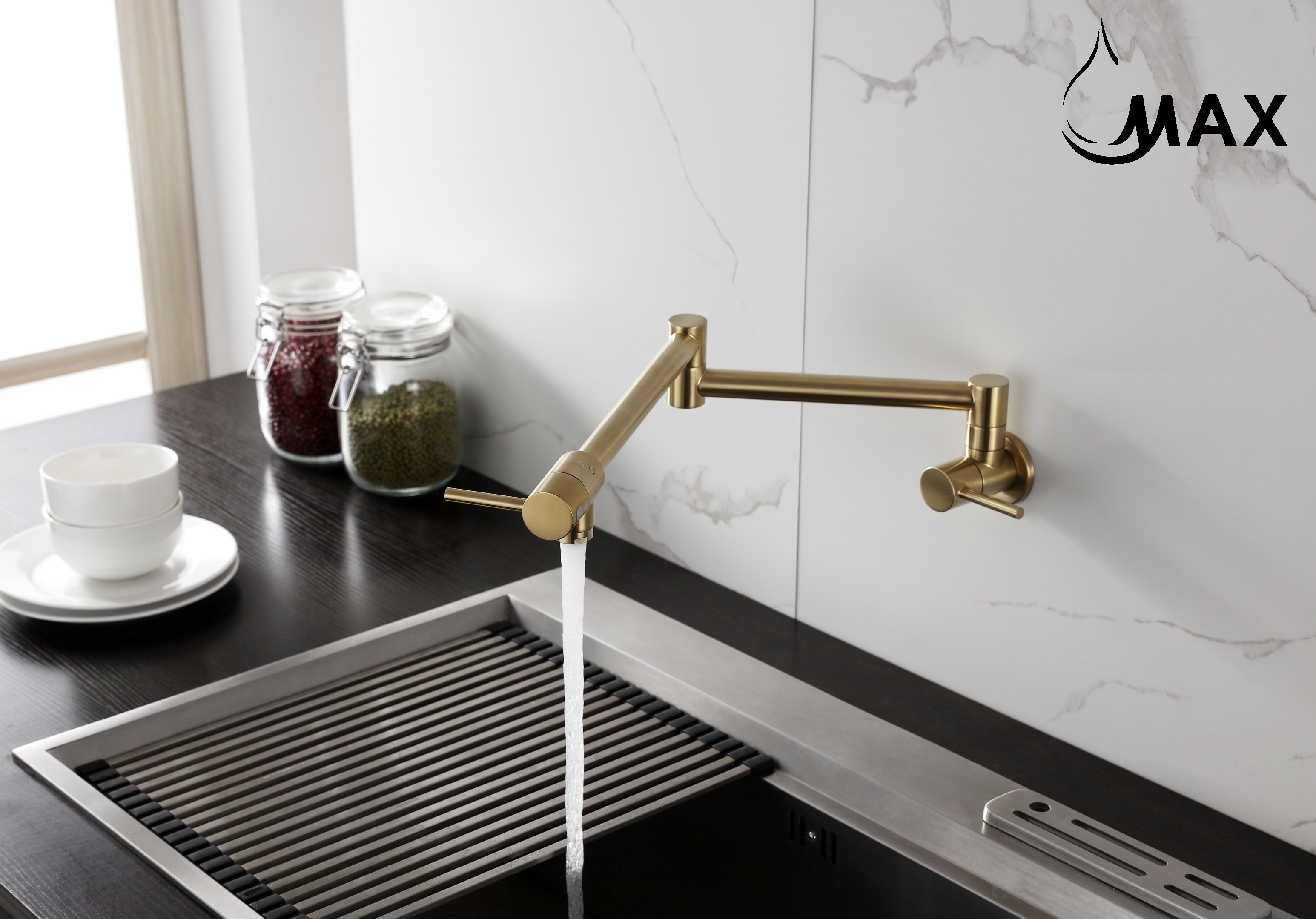 Aquieen Wall-Mounted Pot Filler Faucet with Swing Arm & Folding Design | Modern Kitchen Sink Faucet Folding Stretchable with Single Hole Two Handles (Brushed Gold Aquieen Wall-Mounted Pot Filler Faucet with Swing Arm & Folding Design | Modern Kitchen Sink Faucet Folding Stretchable with Single Hole Two Handles (Brushed Gold