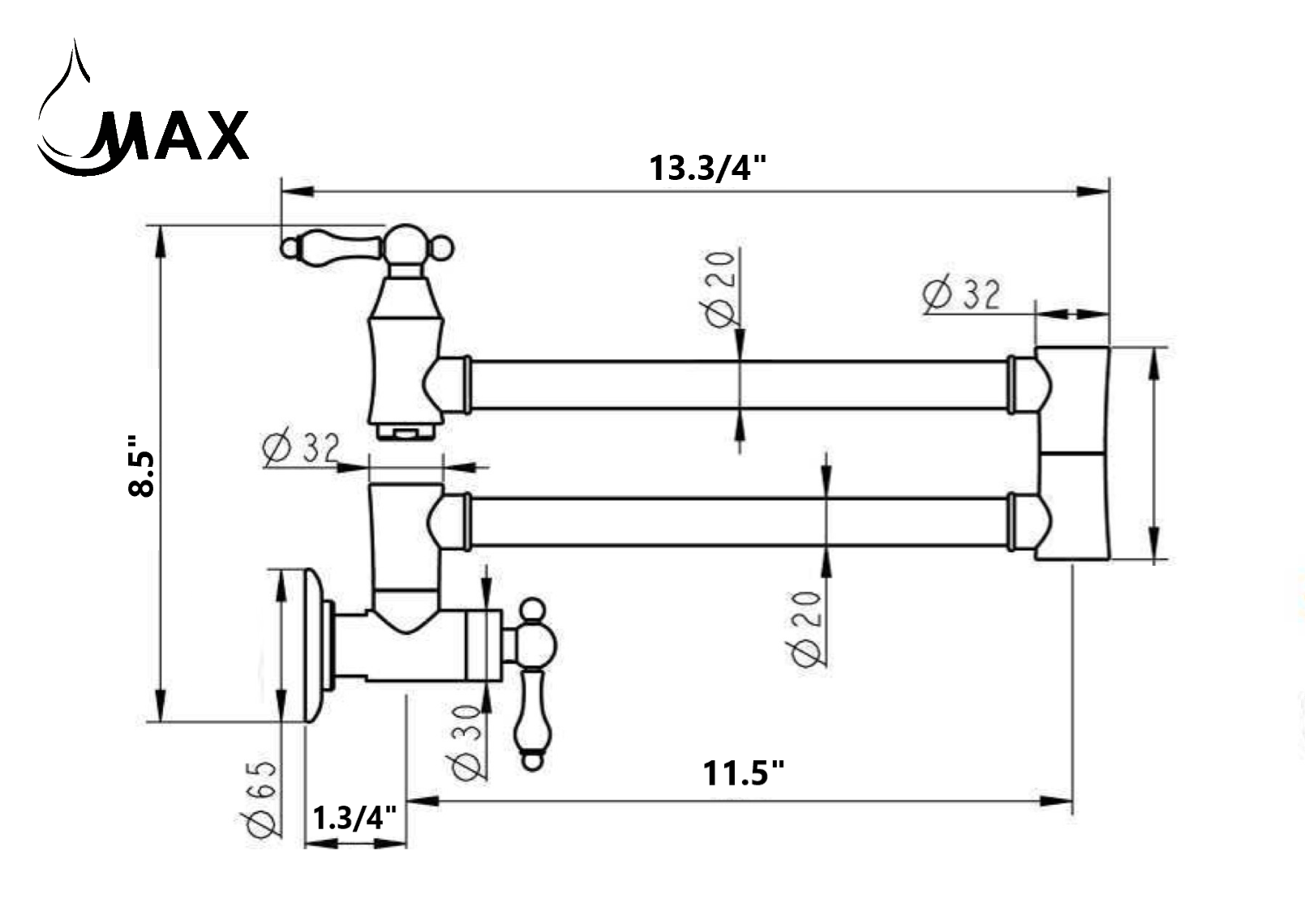 Pot Filler Faucet Double Handle Traditional Wall Mounted 27" With Accessories Brushed Nickel Finish
SKU: PF-2004-BN size