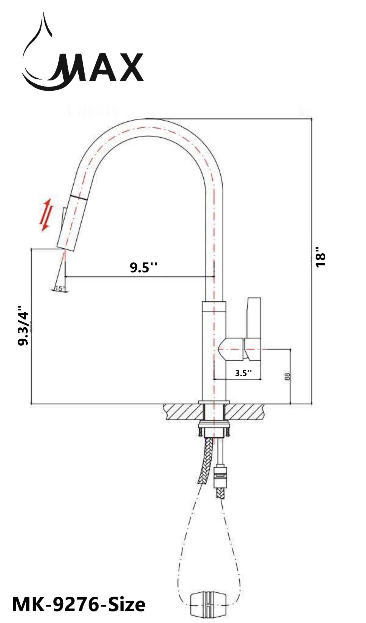 Pull-Out Kitchen Faucet – Single Handle, Matte Black & Rose, 18” High-Arc NA-9276-MB,RG Size