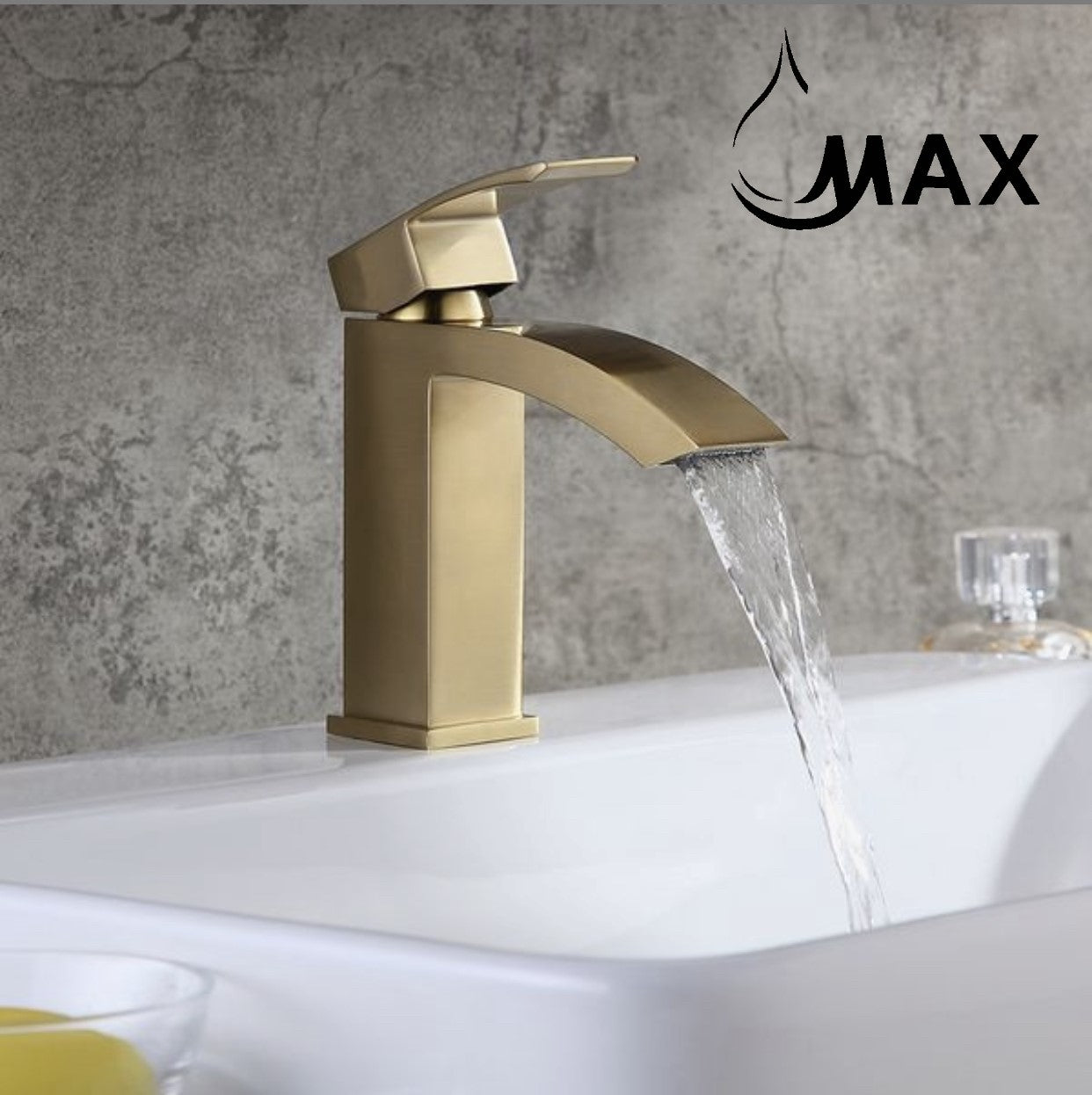 Side view of MAX Faucets brushed gold waterfall bathroom faucet showing open spout