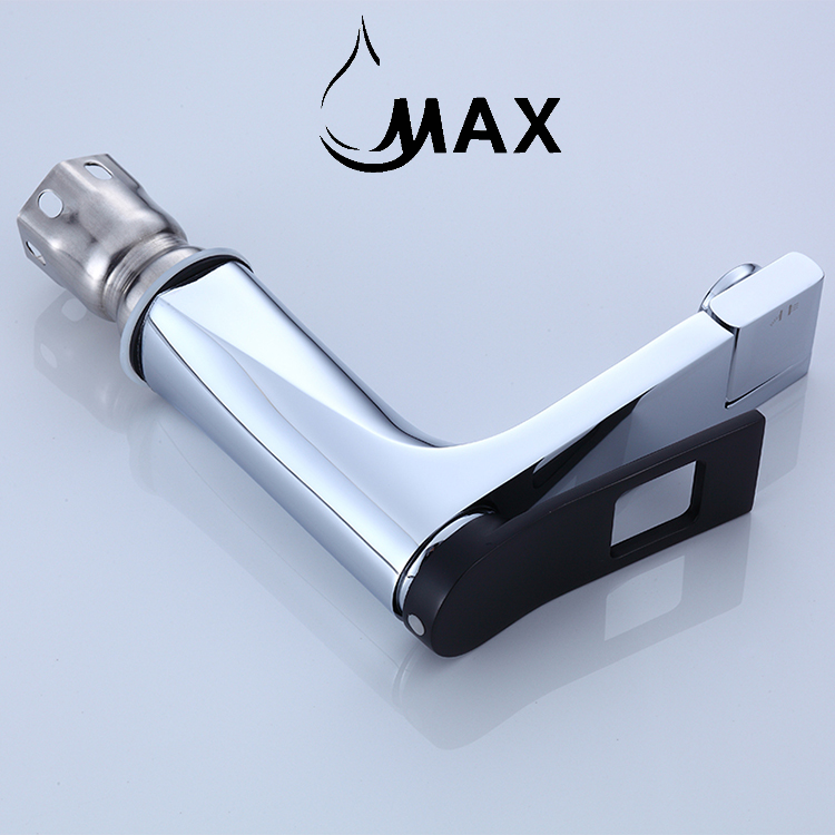Side view of chrome bathroom faucet with long rotating spout