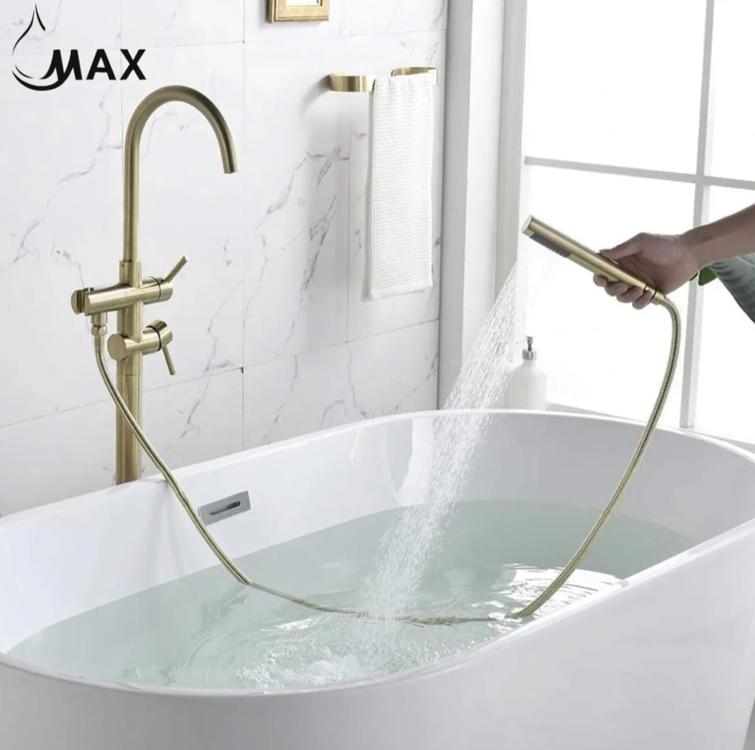 Single Handle Floor Mount High Arc Tub Filler With Rough-In And Handheld In Brushed Gold Finish