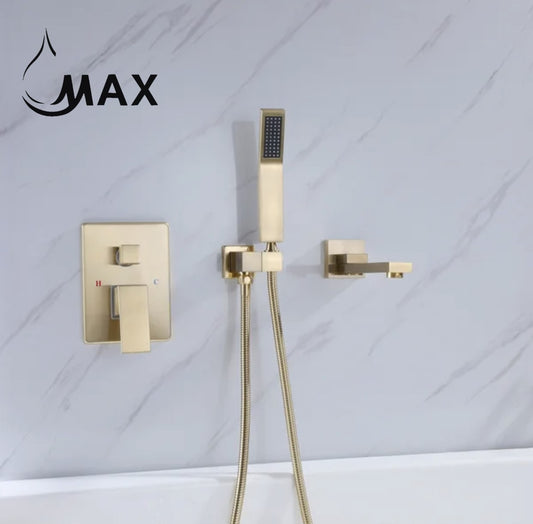 Wall Mounted Roman Tub Swirling Spout Single Handle With Movable Handheld Sprayer Brushed Gold Finish