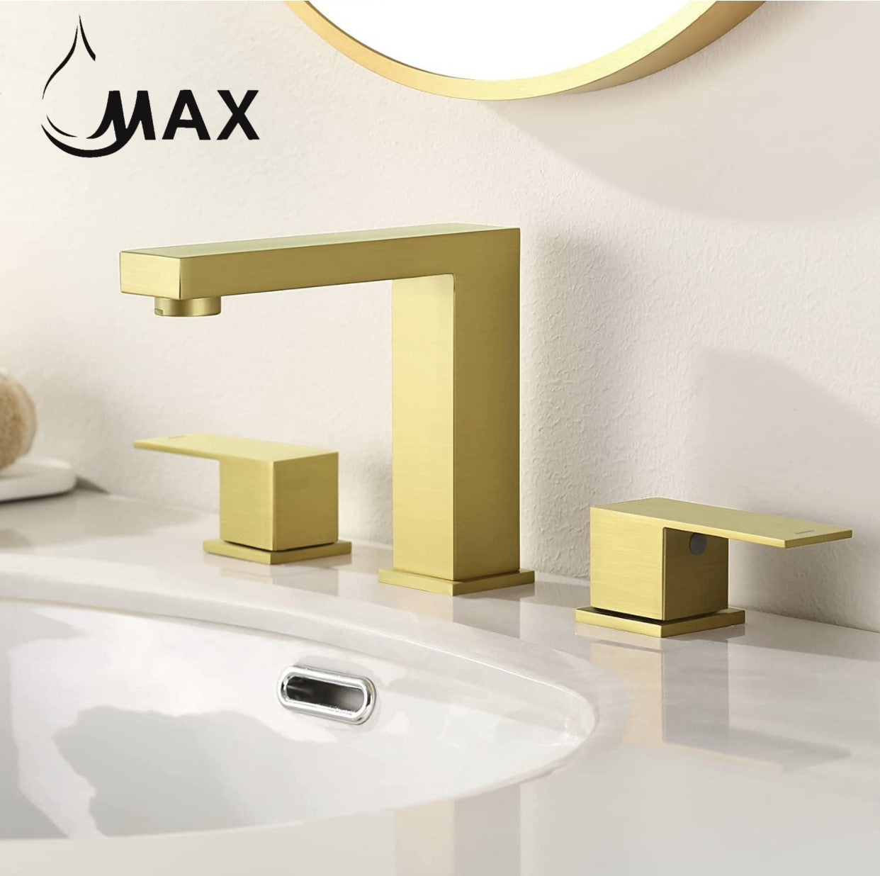 Gold bathroom faucet set on a sink with 'MAX' branding.