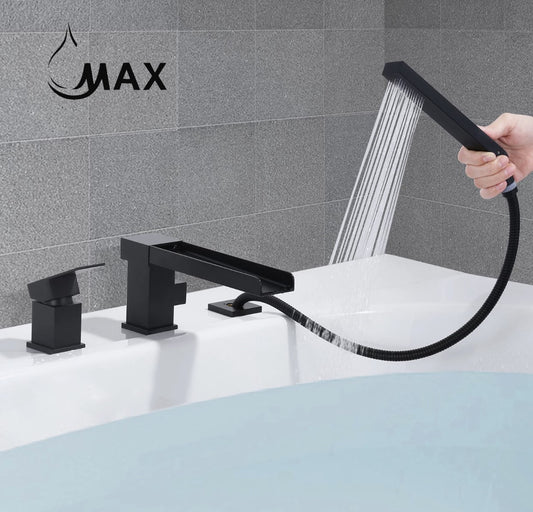 Roman Tub-Filler With Handshower Single Handle Waterfall Spout Deck Mounted Matte Black