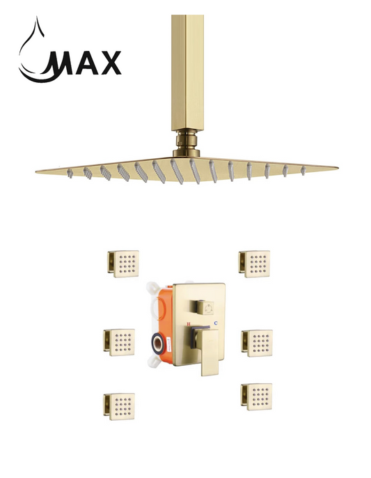 Ceiling Shower System Set Two Functions With 6 Body Jets Brushed Gold Finish