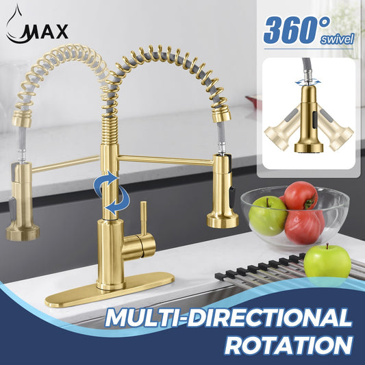 Kitchen Faucet Chef Style Pull-Out Spiral Flexible 16" Brushed Gold Finish