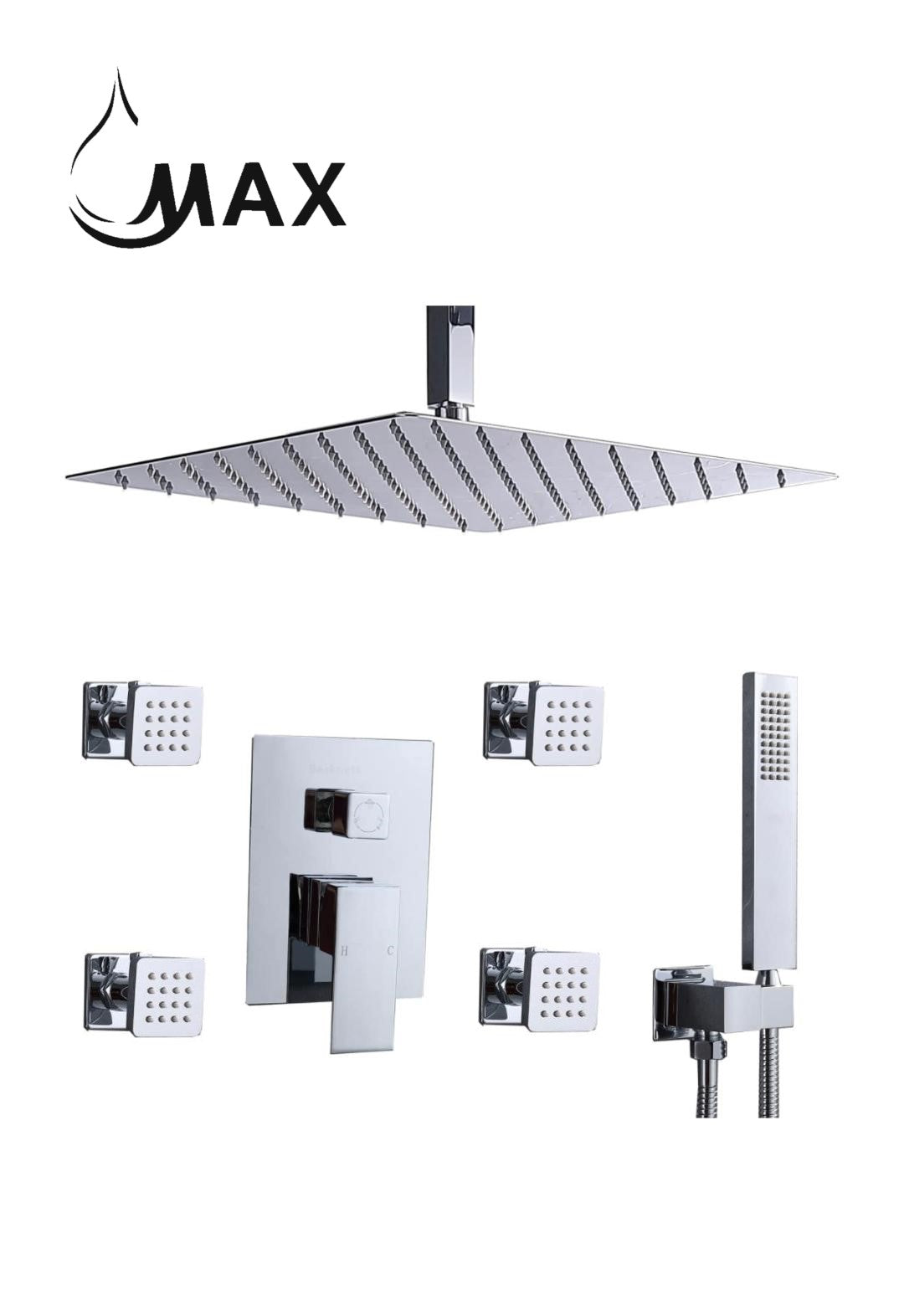 MAX Faucets Ceiling-Mounted Shower System Set – Three Functions with 4 Body Jets and Handheld, Chrome Finish