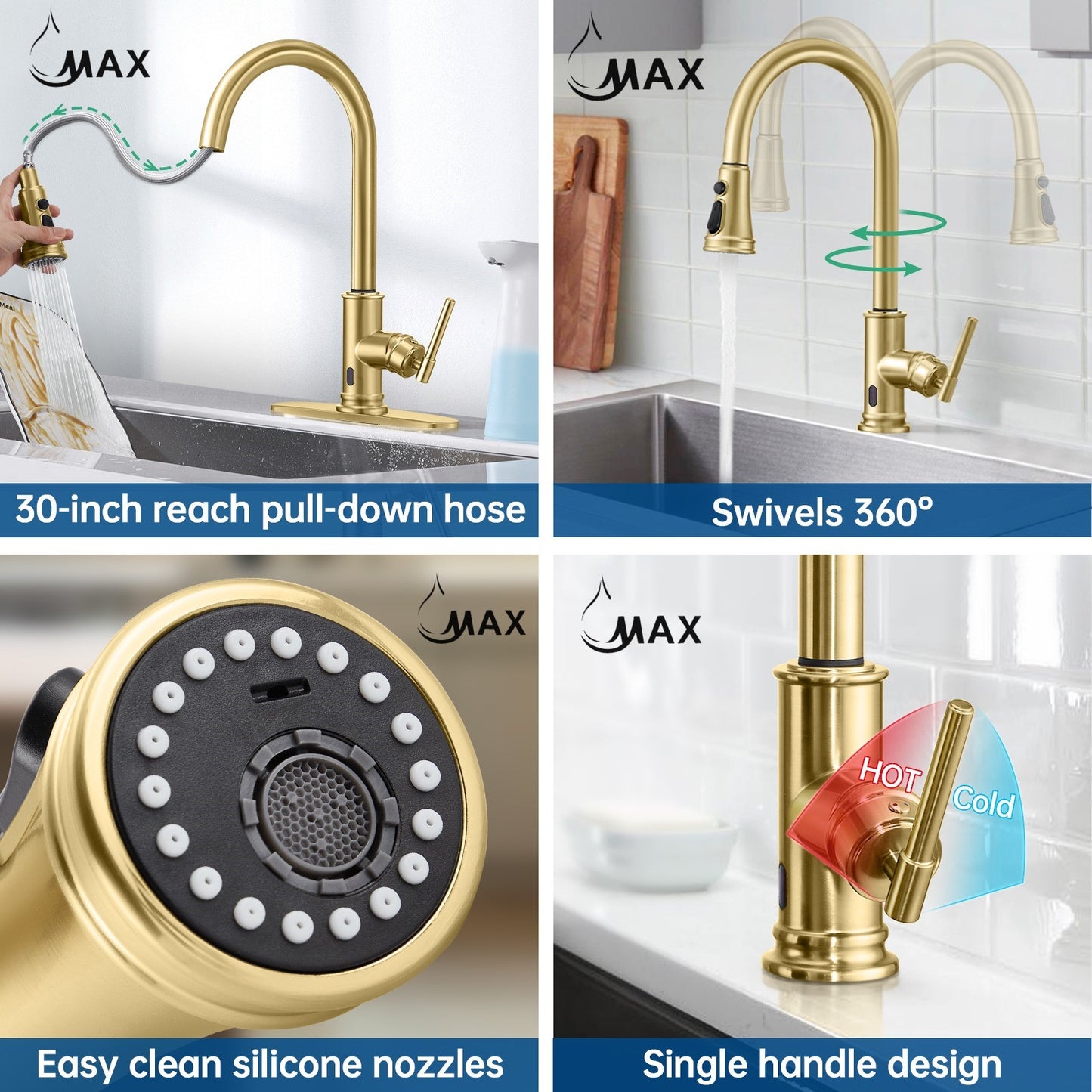 Pullout Kitchen Faucet Smart Touch And Touch-Less Single Handle Brushed Gold Finish.