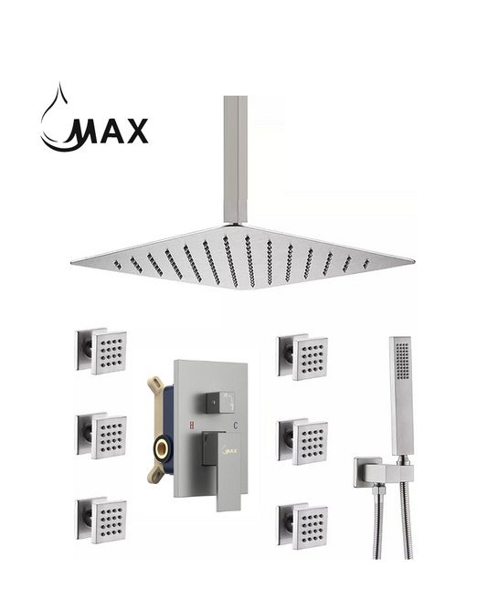 Ceiling Shower System Set Three Functions With 6 Body Jets In Brushed Nickel Finish