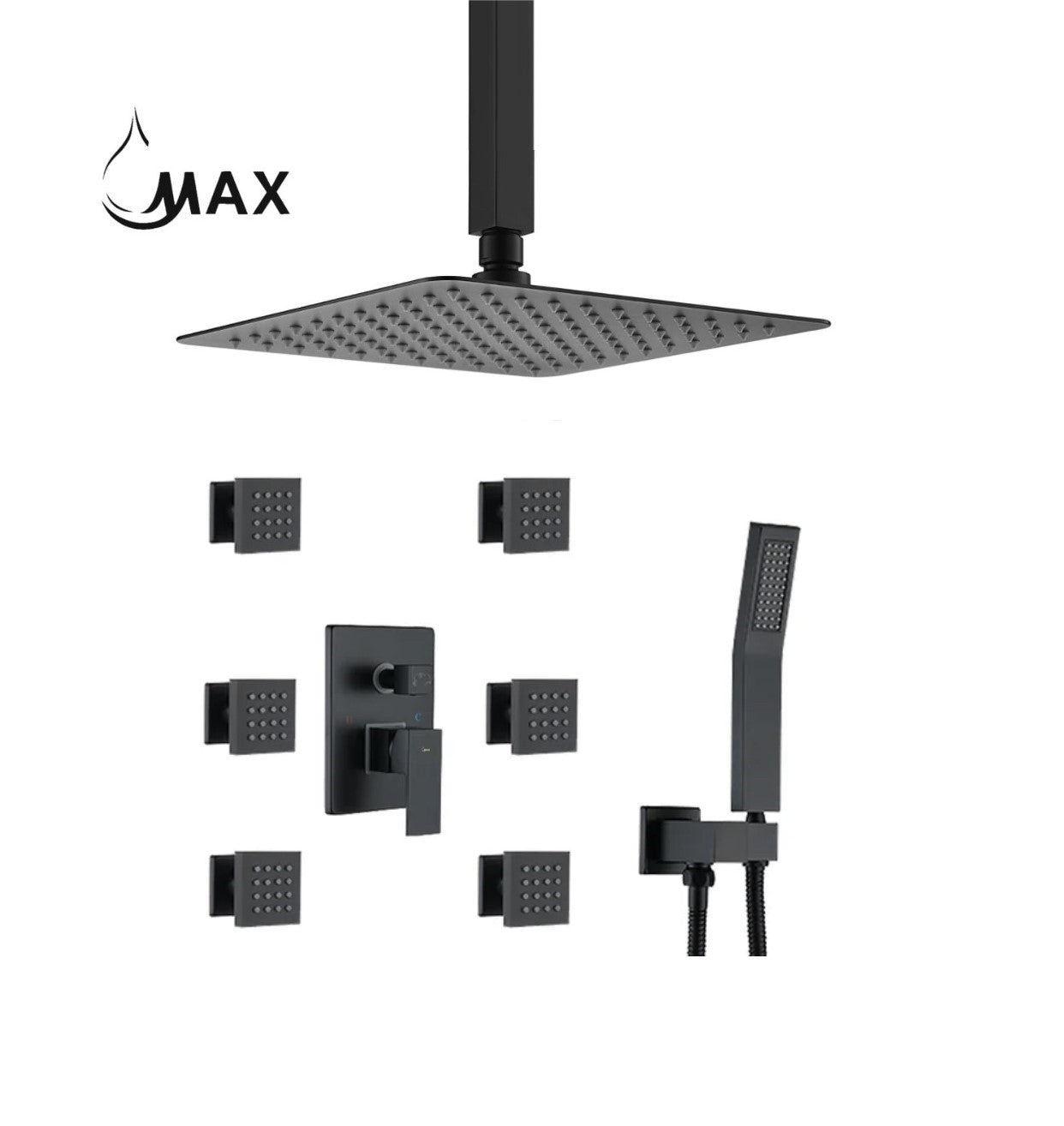 Ceiling Shower System Set Three Functions With 6 Body Jets Matte Black Finish