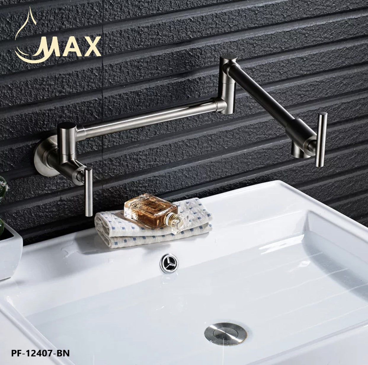 Wall Mounted Pot Filler Faucet Double Handle Commercial 26" With Accessories Brushed Nickel Finish
SKU: PF-12407-BN