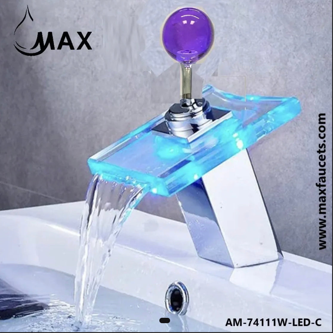 Colorful LED faucet with water flowing, branded 'MAX', on a gray background.