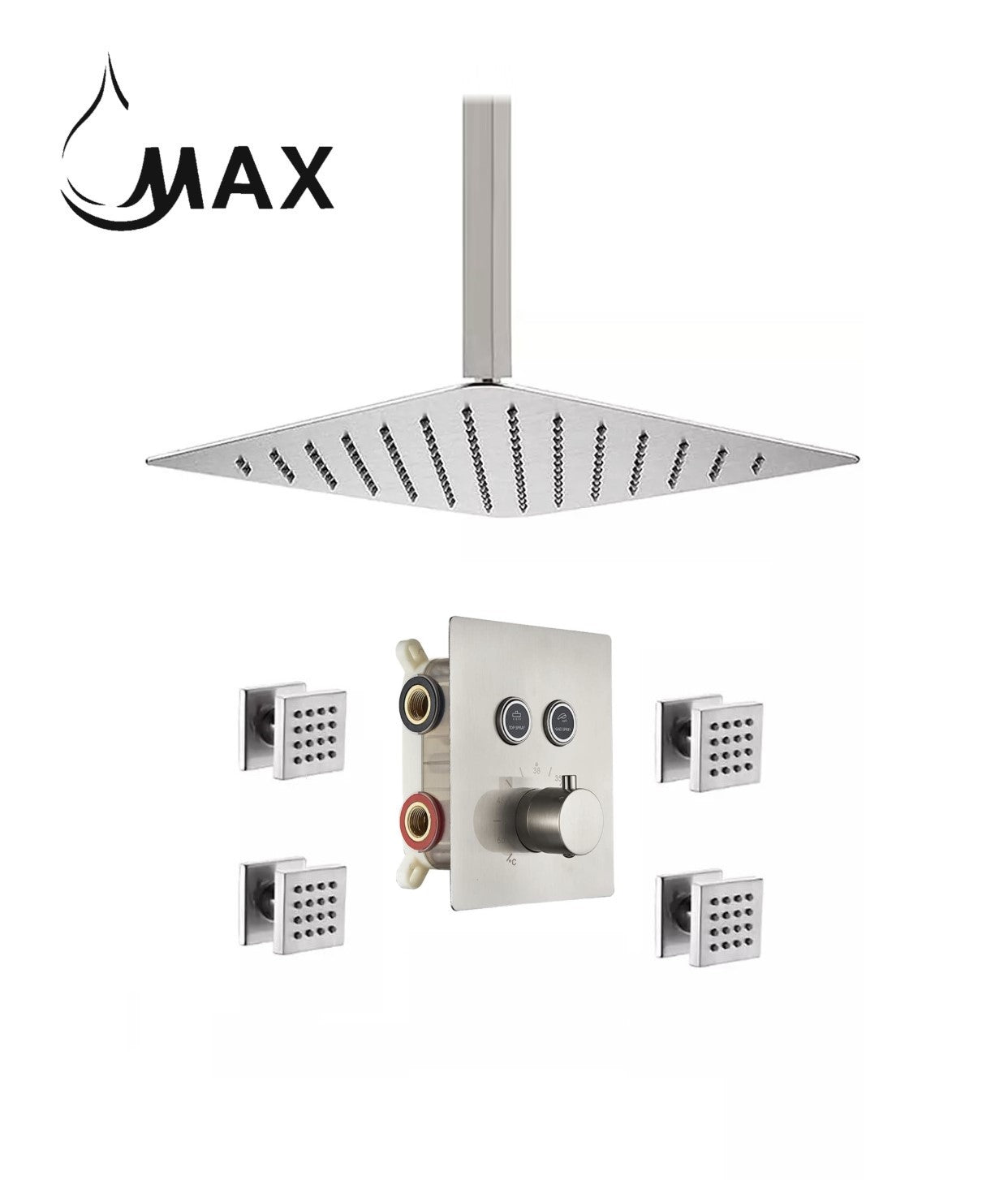 Ceiling Thermostatic Shower System Two Function With 4 Body Jets and Valve Brushed Nickel Finish