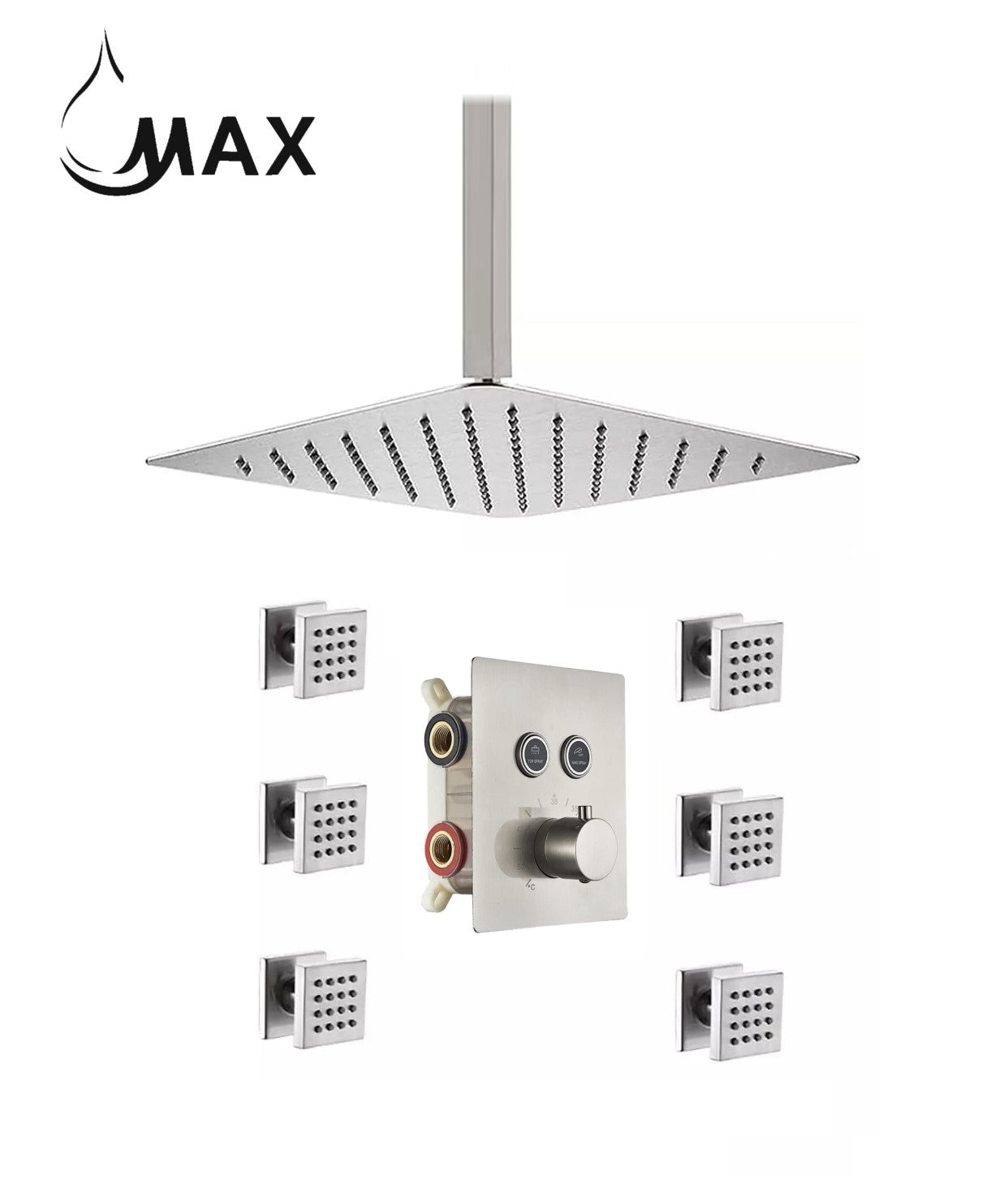 Ceiling Thermostatic Shower System Two Function With 6 Body Jets and Valve Brushed Nickel Finish