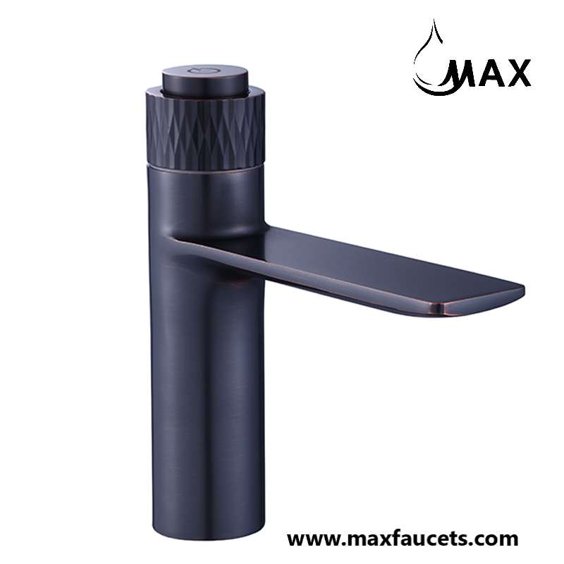 Black push-button waterfall bathroom sink faucet side view