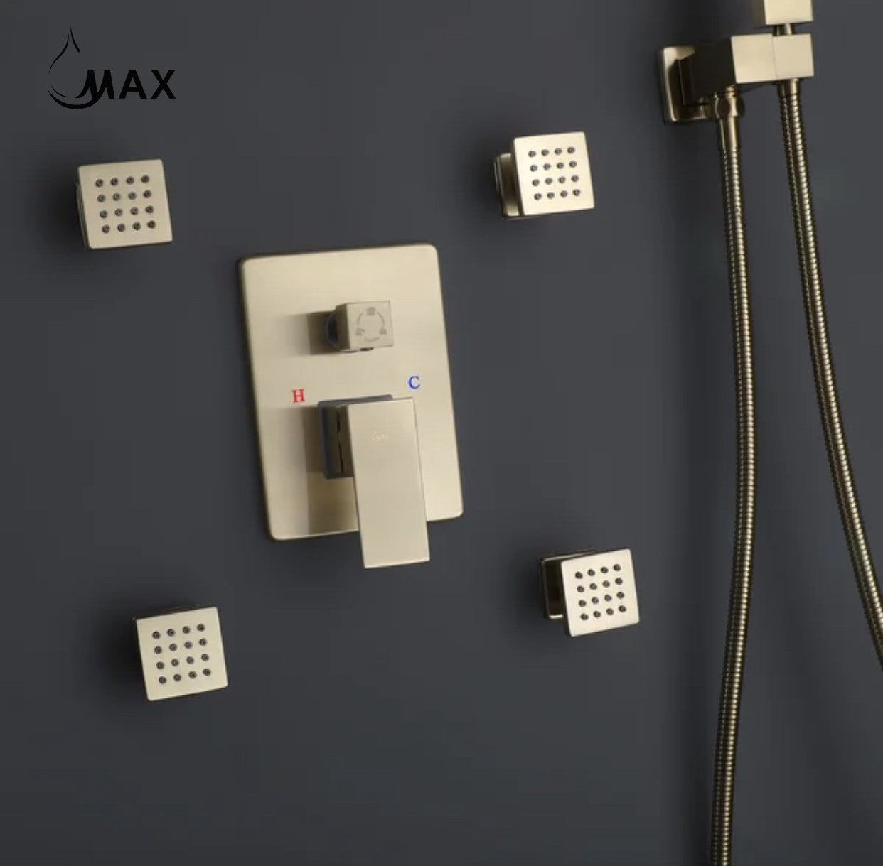 Four brushed gold body jets for a spa-inspired full-body shower experience