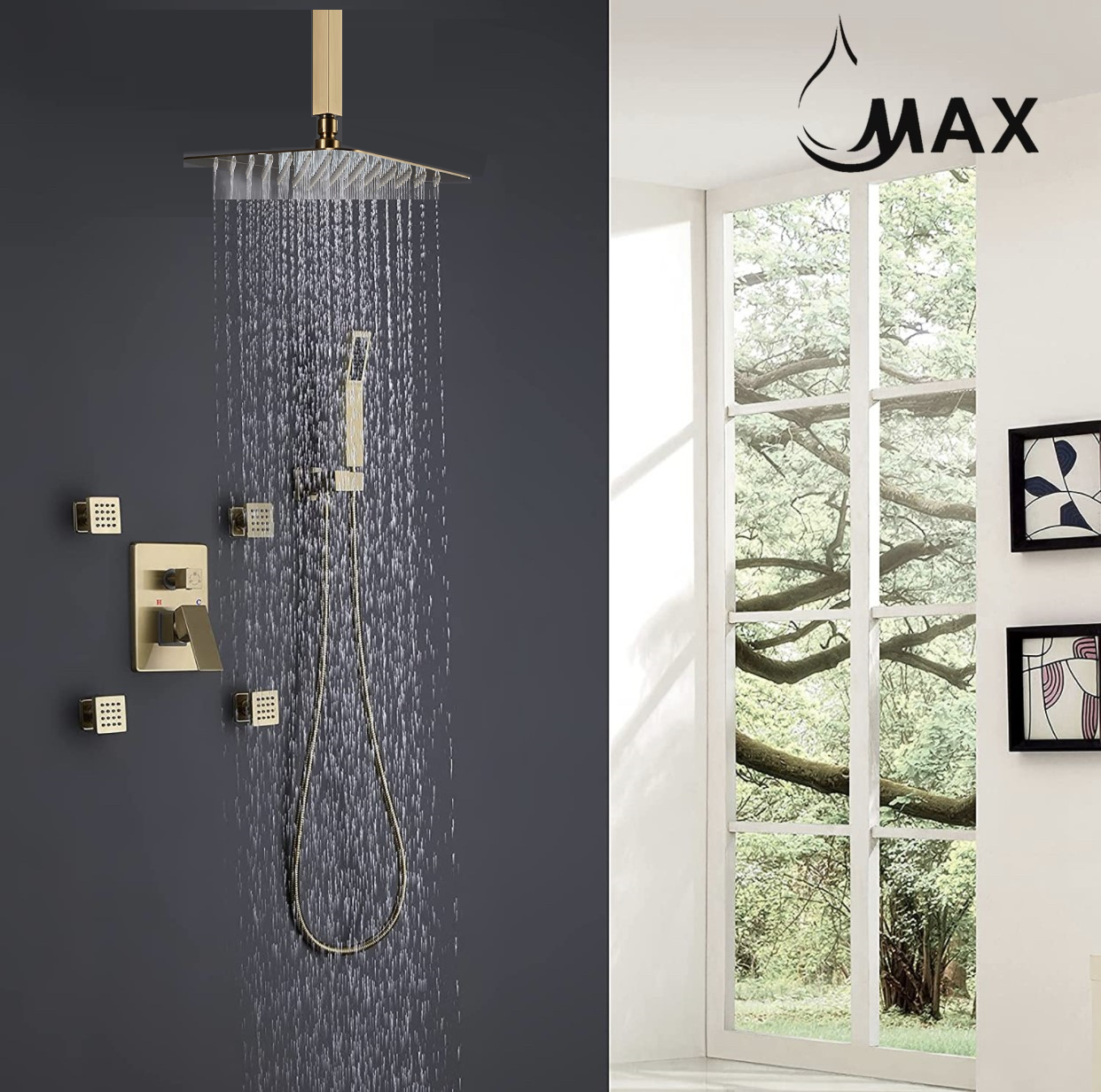 Complete brushed gold ceiling-mounted shower system with rainfall shower head, handheld shower and 4 body jets