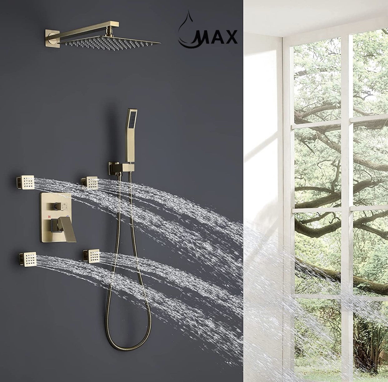 Close-up detail of brushed gold finish on MAX Faucets shower system