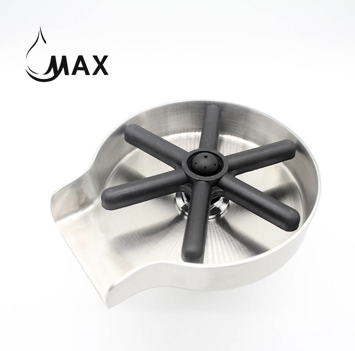 Top view of brushed nickel rotating cup washer with black six-arm holder