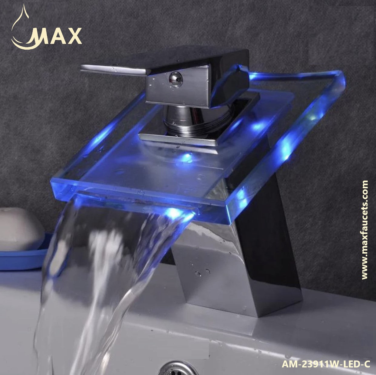 Glass waterfall faucet with LED lighting on a dark background, featuring the brand 'MAX'.