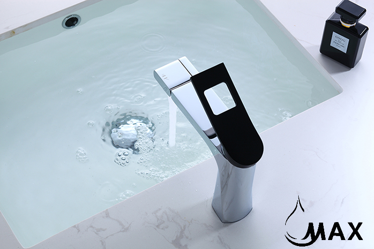 Front view of chrome single-handle bathroom faucet with black handle