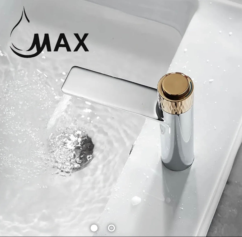 Push-Button Bathroom Faucet – Chrome Body with Shiny Gold Knob