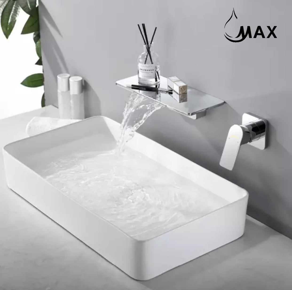 Modern chrome waterfall sink faucet wall mounted design close-up